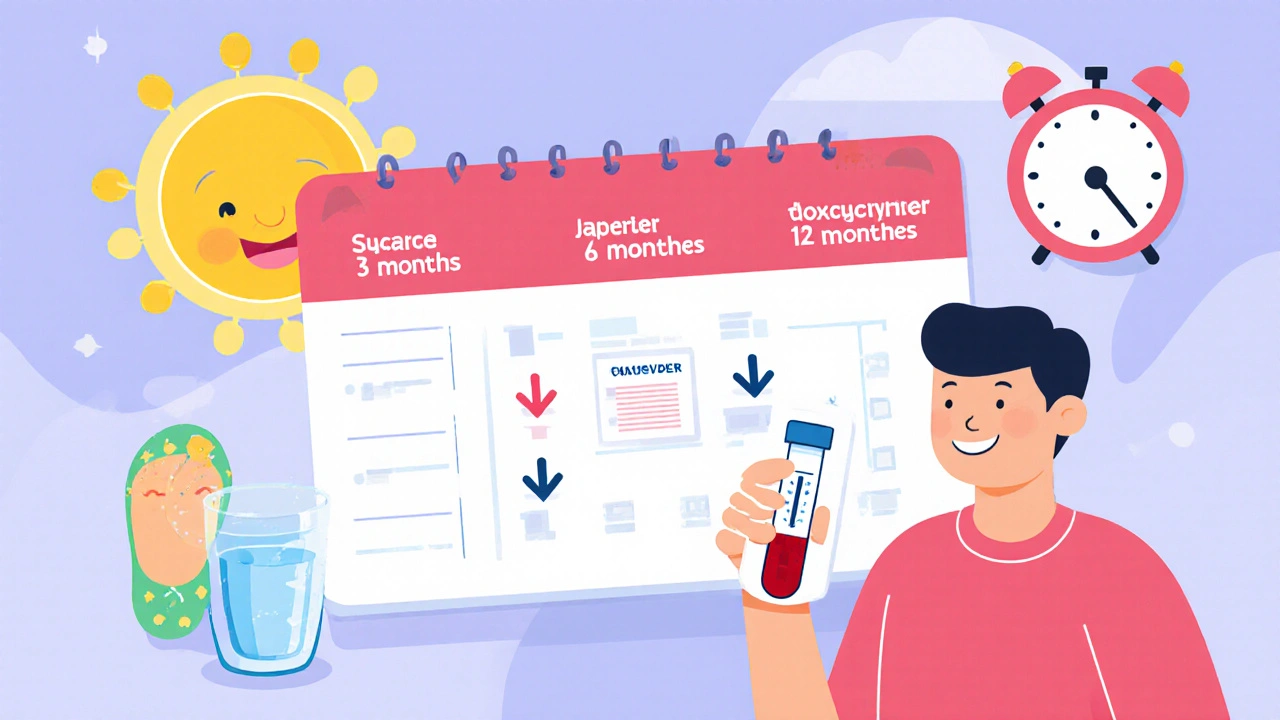 Patient calendar with 3‑, 6‑, 12‑month test icons and smiling patient holding successful test result.