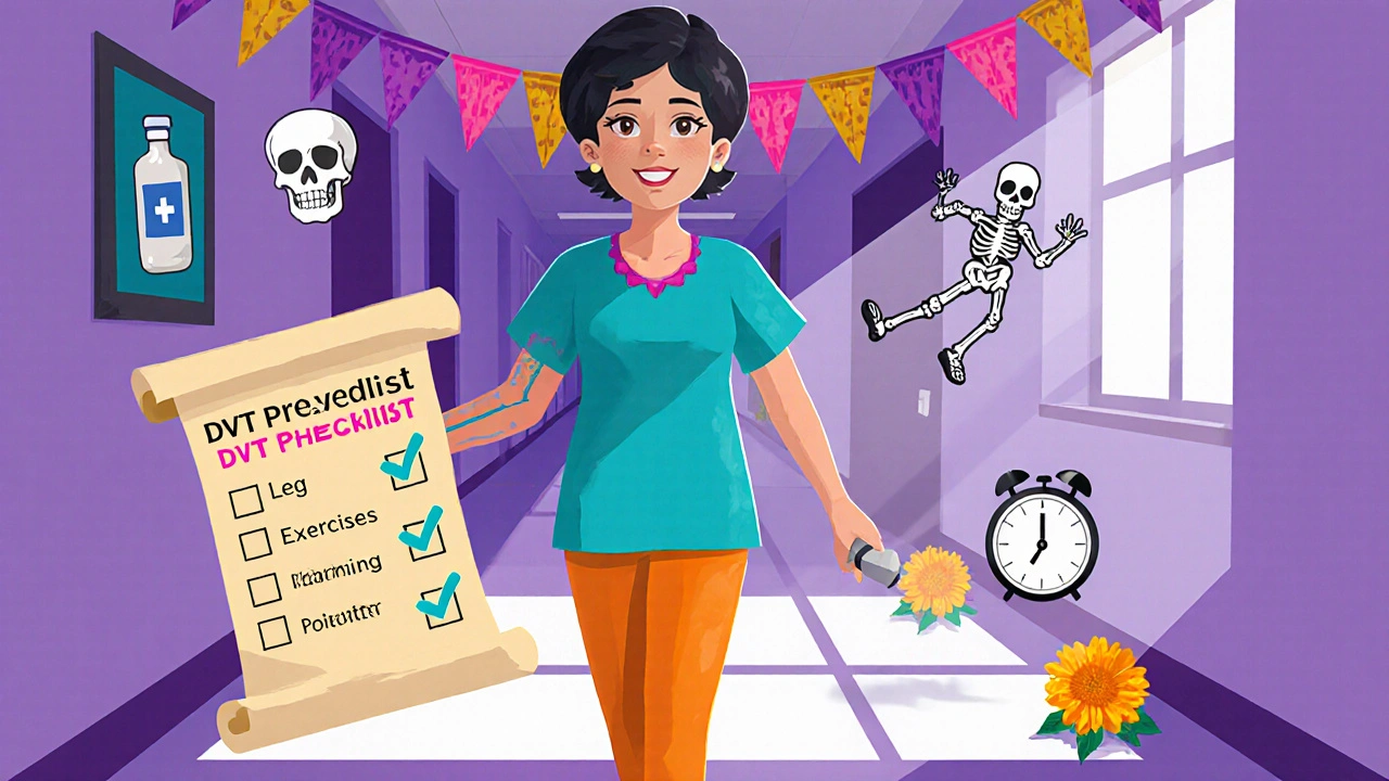 Patient follows DVT checklist while walking, surrounded by colorful marigolds.
