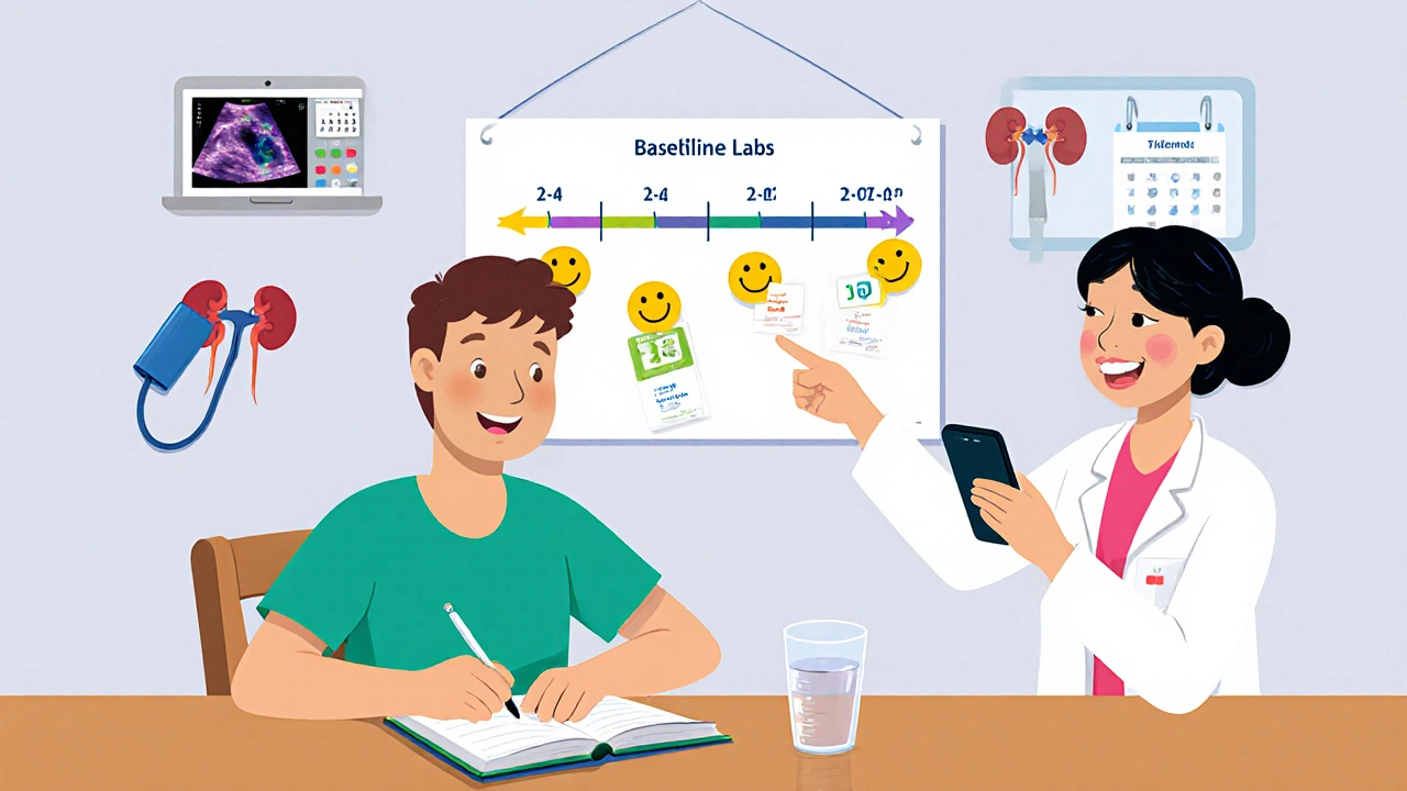 Patient tracking medication and lab schedule with doctor’s monitoring chart.
