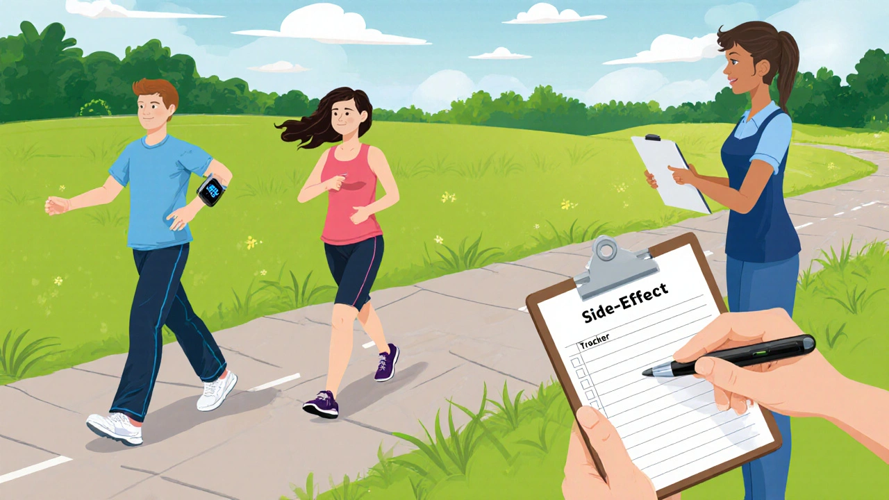 Patient walking on trail with pulse oximeter and therapist reviewing side‑effect log in cartoon style.