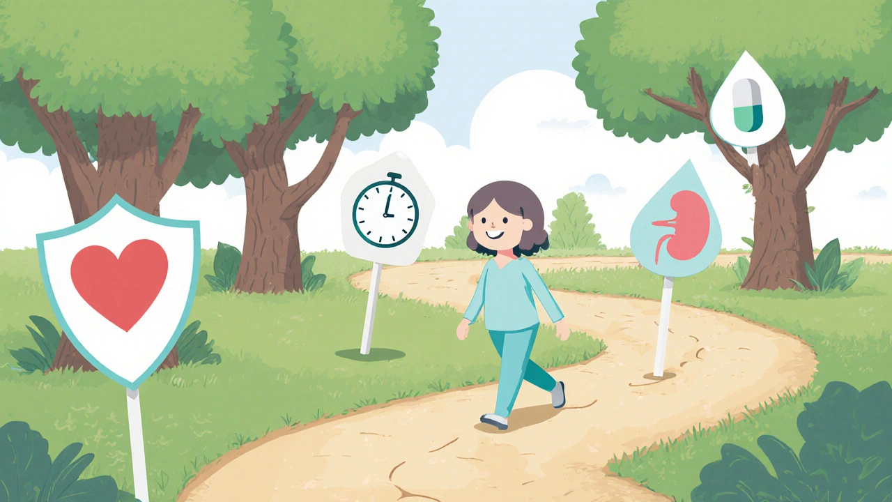 Patient walking through a cartoon garden decision tree with icons for health factors and pill choices.