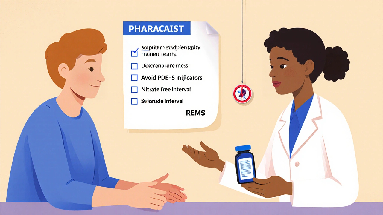 Pharmacist advises patient on safety steps for taking isosorbide mononitrate.