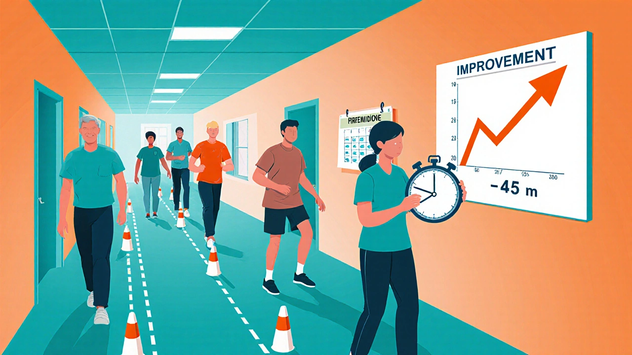 Rehab group doing six‑minute walk test with therapist recording progress in cartoon style.