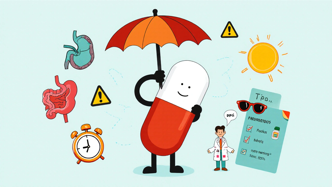 Safety cartoon with pill shield, stomach, heart, kidney, and sun icons warning of side effects.