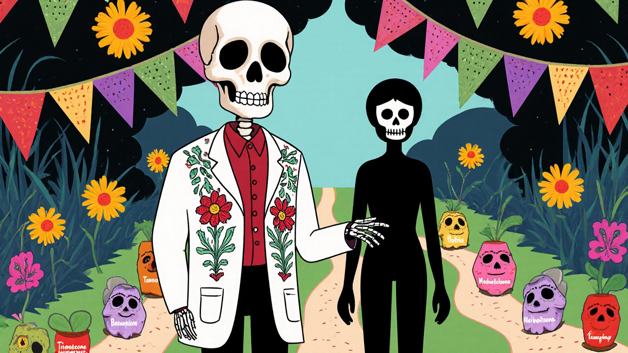 Skeleton dermatologist guiding patient through steroid choice paths.
