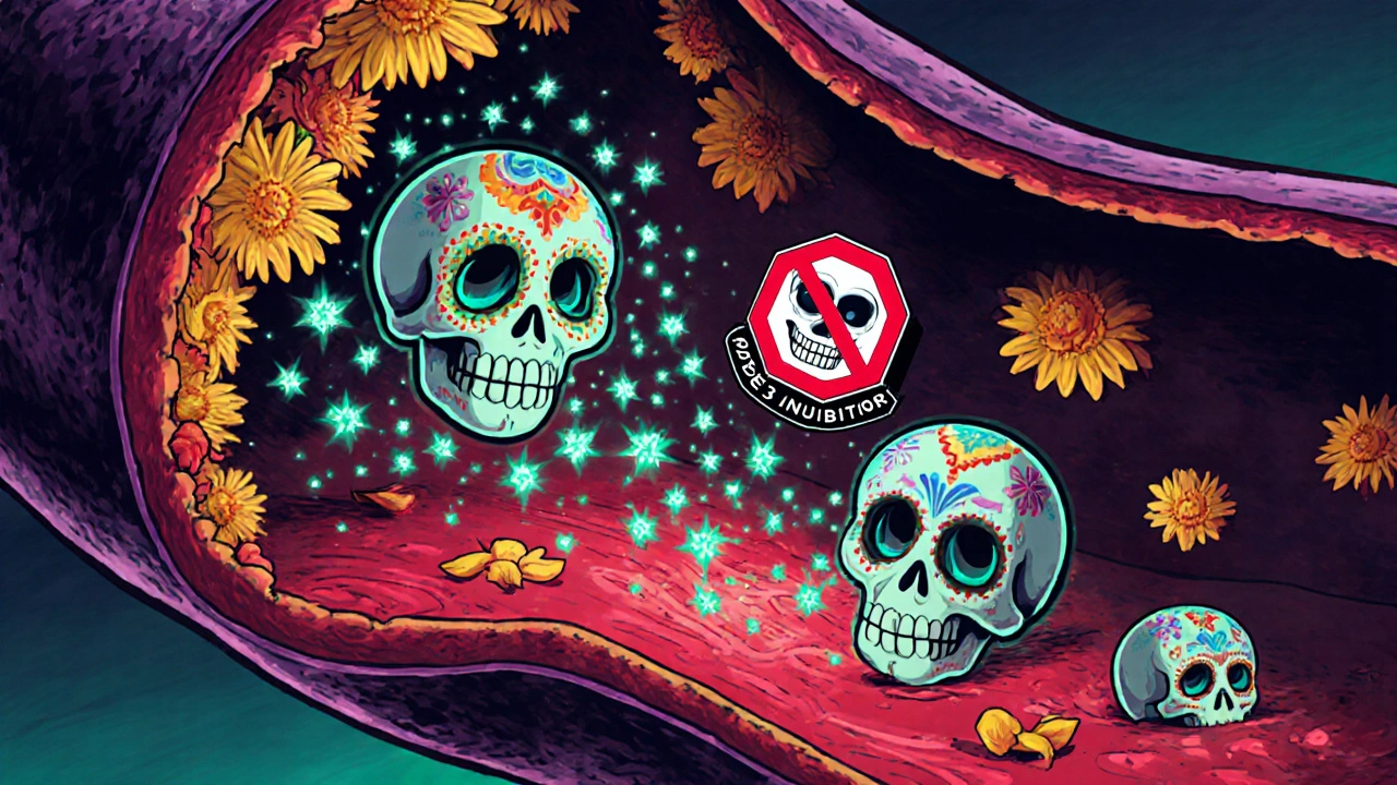Skeleton endothelial cells release turquoise nitric‑oxide particles while a skull badge shows PDE3 inhibition.