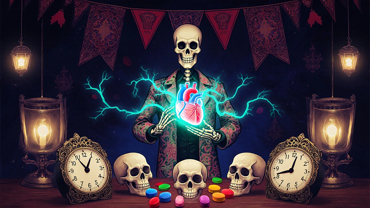 Skeleton scientist showing a glowing heart and blood vessels with floating skull pills and clocks representing onset times.