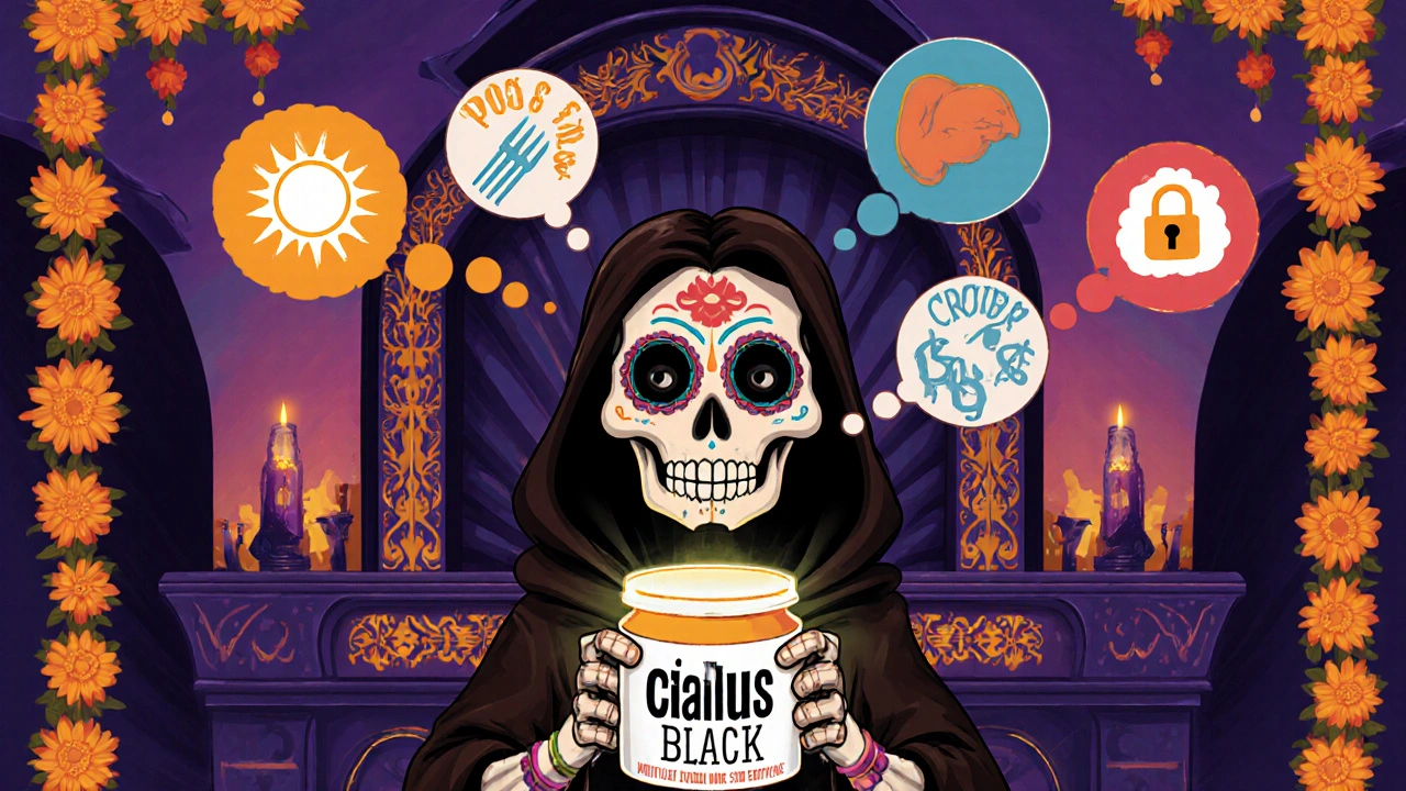 Sugar‑skull hero beside an altar holding a 30 mg pill, with thought bubbles showing pros and cons of Cialis Black.