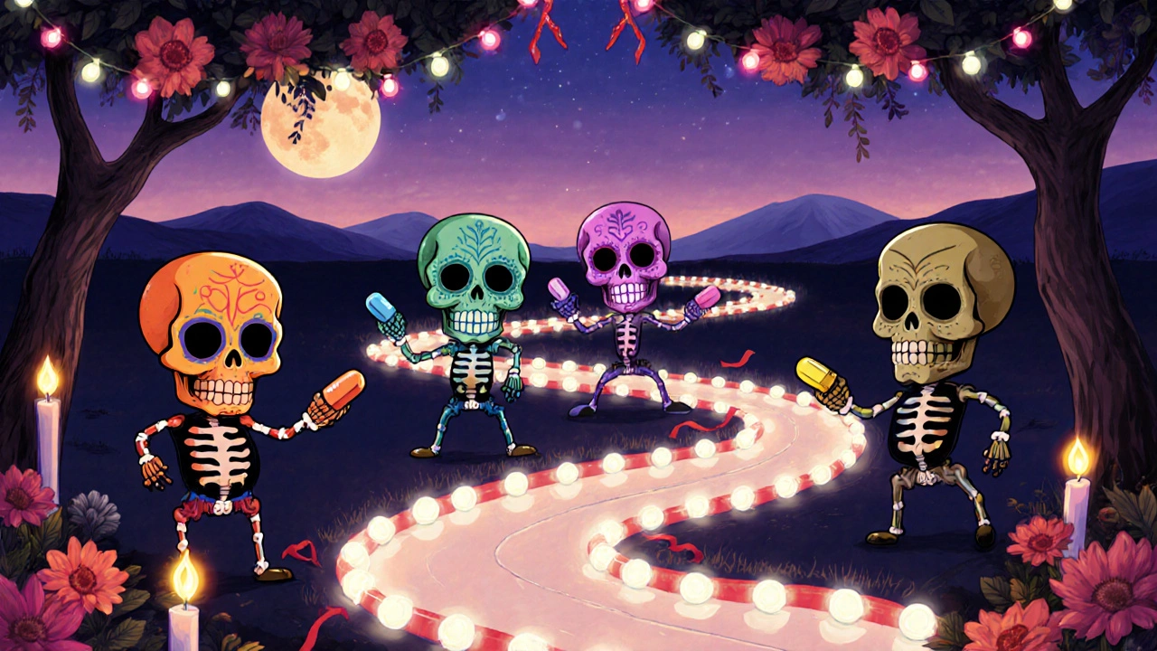 Twilight crossroads of calaveras holding different skull pills, with a luminous path guiding medication choice.