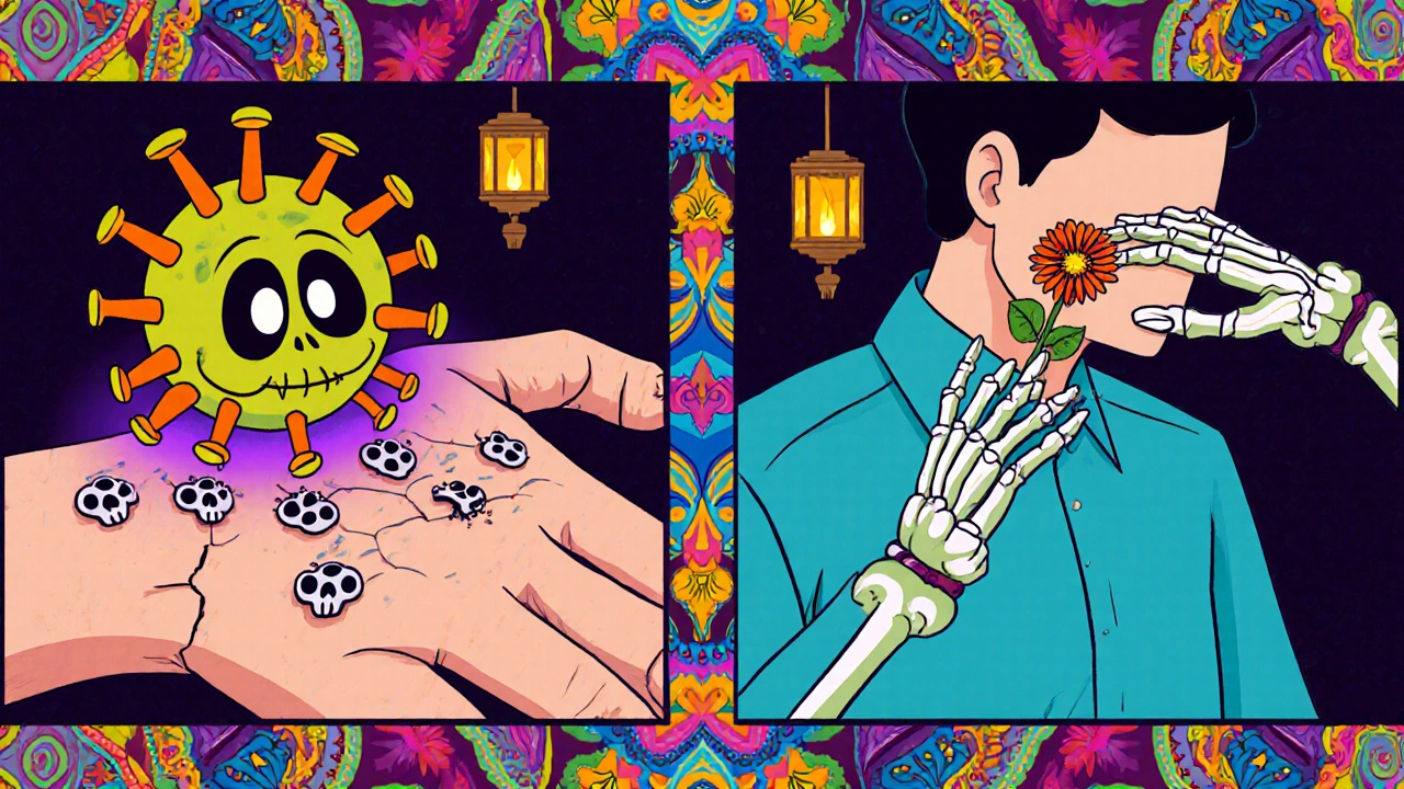 Two panels showing HPV virus causing a wart and friction creating a skin tag, in festive cartoon style.