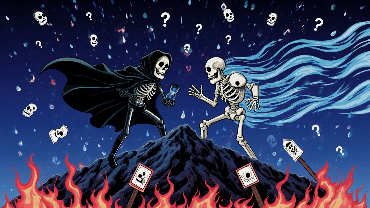 Two skeletal figures representing Diarex and Loperamide in a dramatic battle, with ORS rain falling and warning skulls around them.