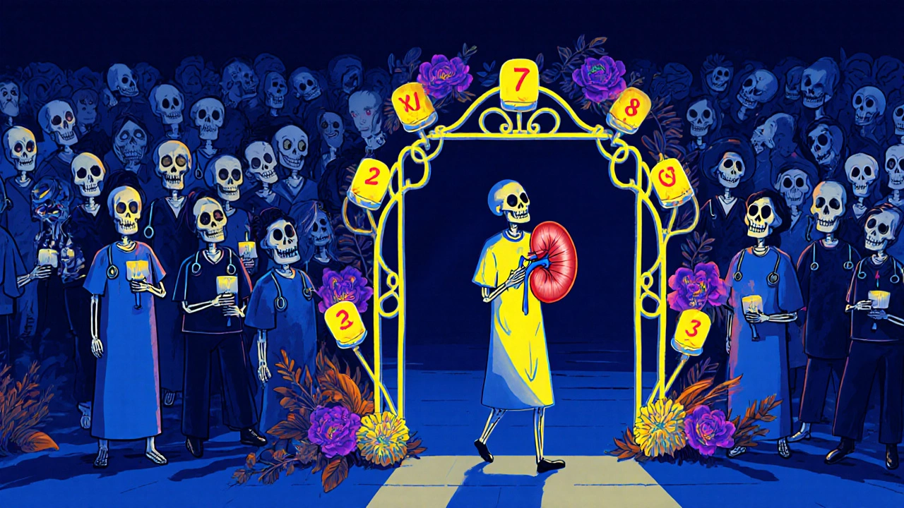 A crowd of skeletal patients waiting on a transplant list, while one glows brightly walking through a gate made of medical symbols.