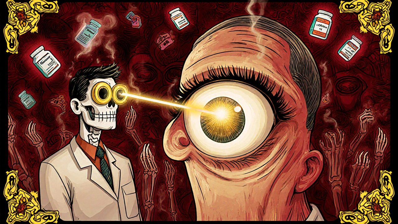 A doctor uses a glowing lens to treat acute glaucoma as ghostly medication spirits rise from pill bottles.