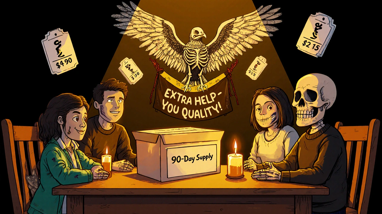 A family gathers at a table with a mail-order box, watched over by a skeletal bird carrying prescription labels, with copay icons floating as offerings on an altar.