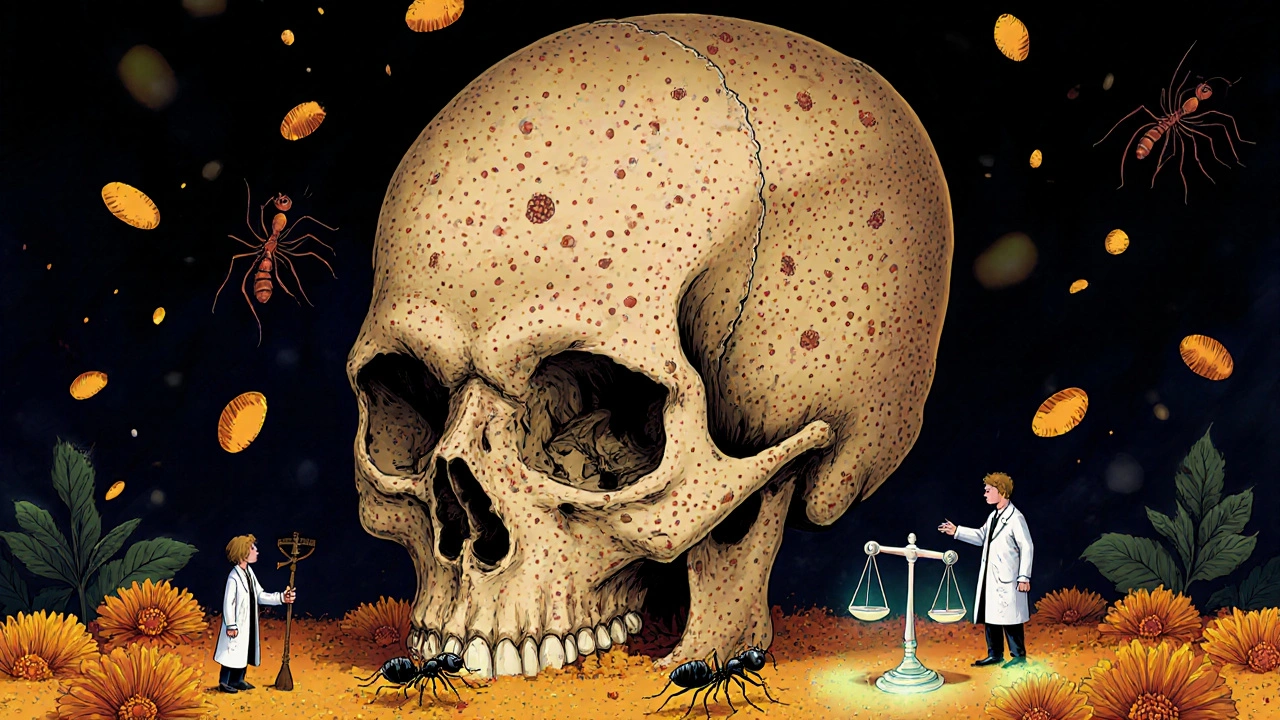 A giant skull with underground acne tunnels, guided by tiny figures and glowing marigold petals in a Day of the Dead style.