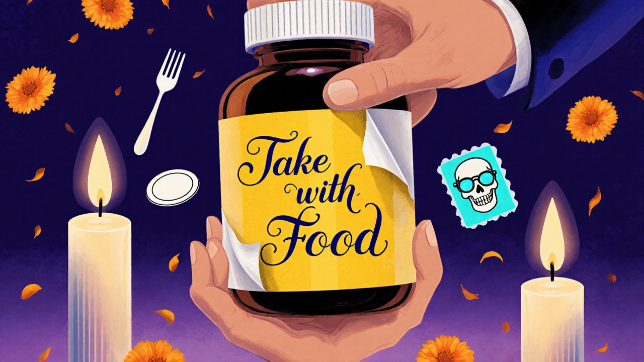 A hand turning a pill bottle to reveal a front-facing yellow label with a fork icon, surrounded by floating calaveras and petals.
