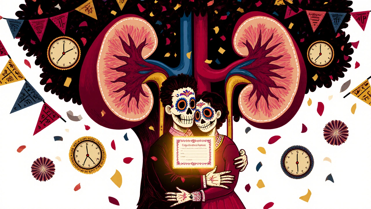 A living donor and transplant recipient embracing under a tree of kidneys, adorned in Day of the Dead face paint, petals falling around them.