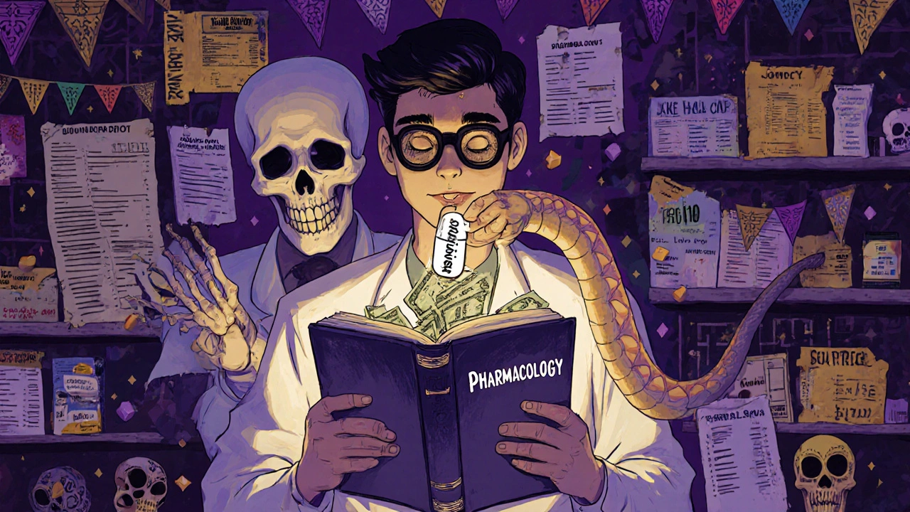 A medical student confronted by a textbook serpent swallowing money, guided by a ghostly pharmacist with a low-cost pill.