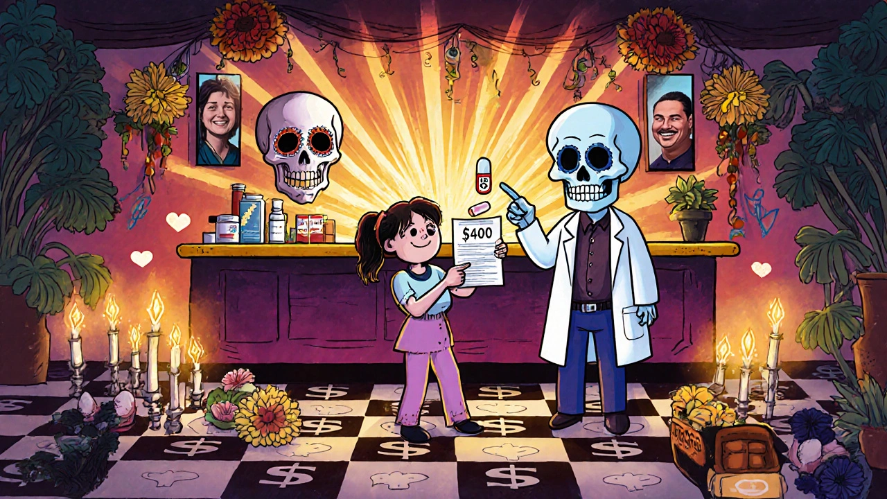 A patient at a pharmacy with two pills labeled 0 and , watched by a ghostly doctor under a glowing altar of healing.