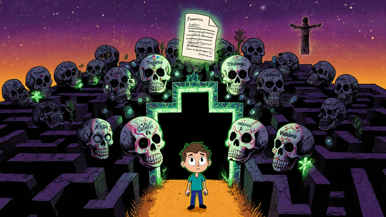 A patient faces a wall of glowing skulls labeled with drug names, some falling away, as a doctor’s letter rises toward a celestial approval gate.