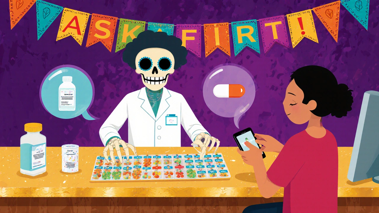 A patient receives pre-split pills from a skeleton pharmacist, with safe alternatives floating nearby.