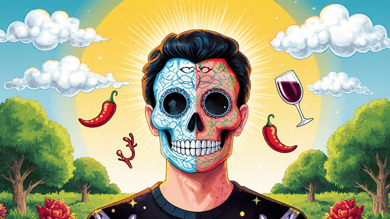 A person in a garden with half their face glowing from vasoconstrictor treatment, triggers fading in the breeze, Day of the Dead style.