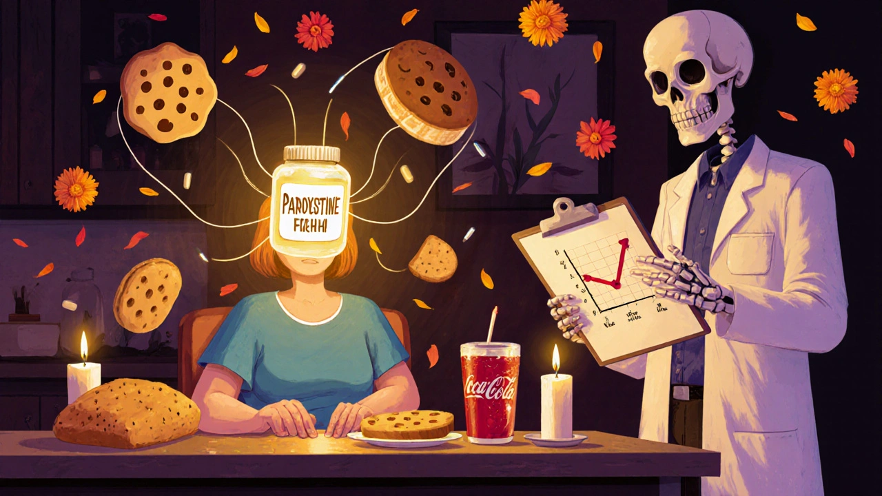 A person sits at a table as food items are pulled by strings from a pill bottle, with a skeleton doctor watching, in colorful Day of the Dead illustration style.