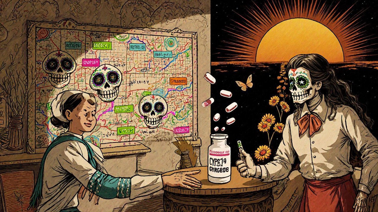 A pharmacist handing a personalized medication vial beside a gene map with calavera faces, marigold path leading to sunrise in Day of the Dead style.