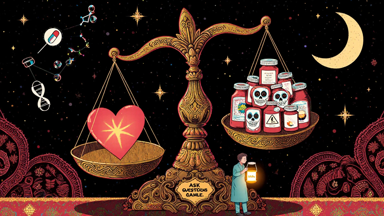 A scale balances a glowing heart against mountains of prescription bottles, with AI and DNA constellations above, guided by a patient with a question lantern.