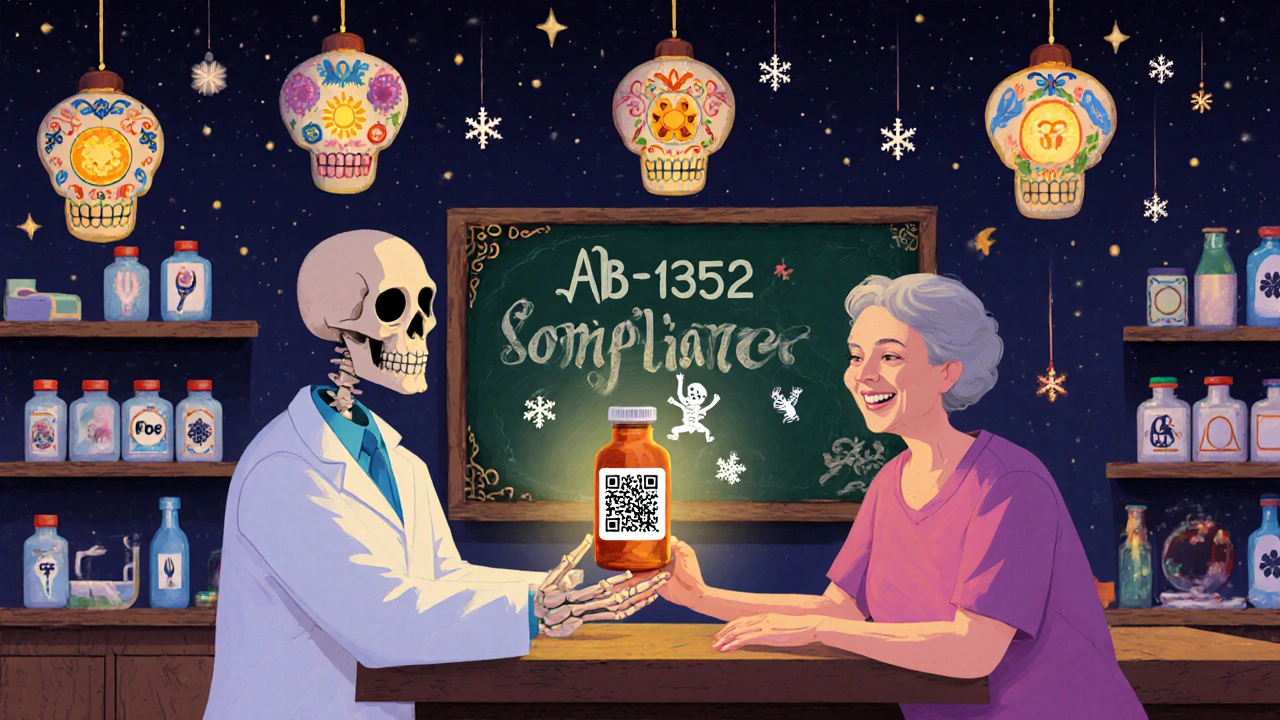 A skeletal pharmacist handing a patient a bottle with a glowing QR code sticker, hologram of a dancing skull explaining instructions.