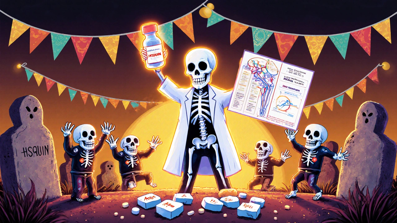 A skeleton in a lab coat standing on old pills, holding a methotrexate vial with glowing joints behind.