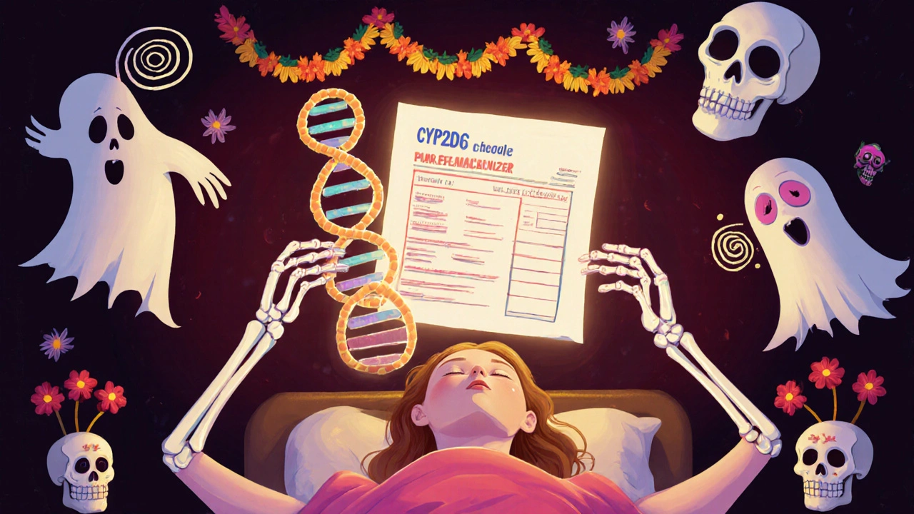 A woman with a floating genetic report and skeletal DNA strands, surrounded by ghostly side effects and sugar skull decor in Day of the Dead style.
