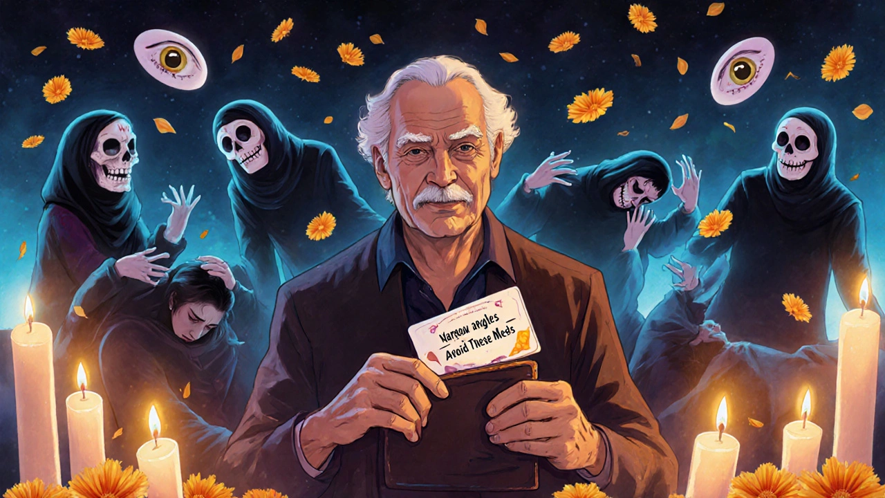 An elderly man holds a medical alert card, protected by ancestral eye spirits while others suffer in shadows.