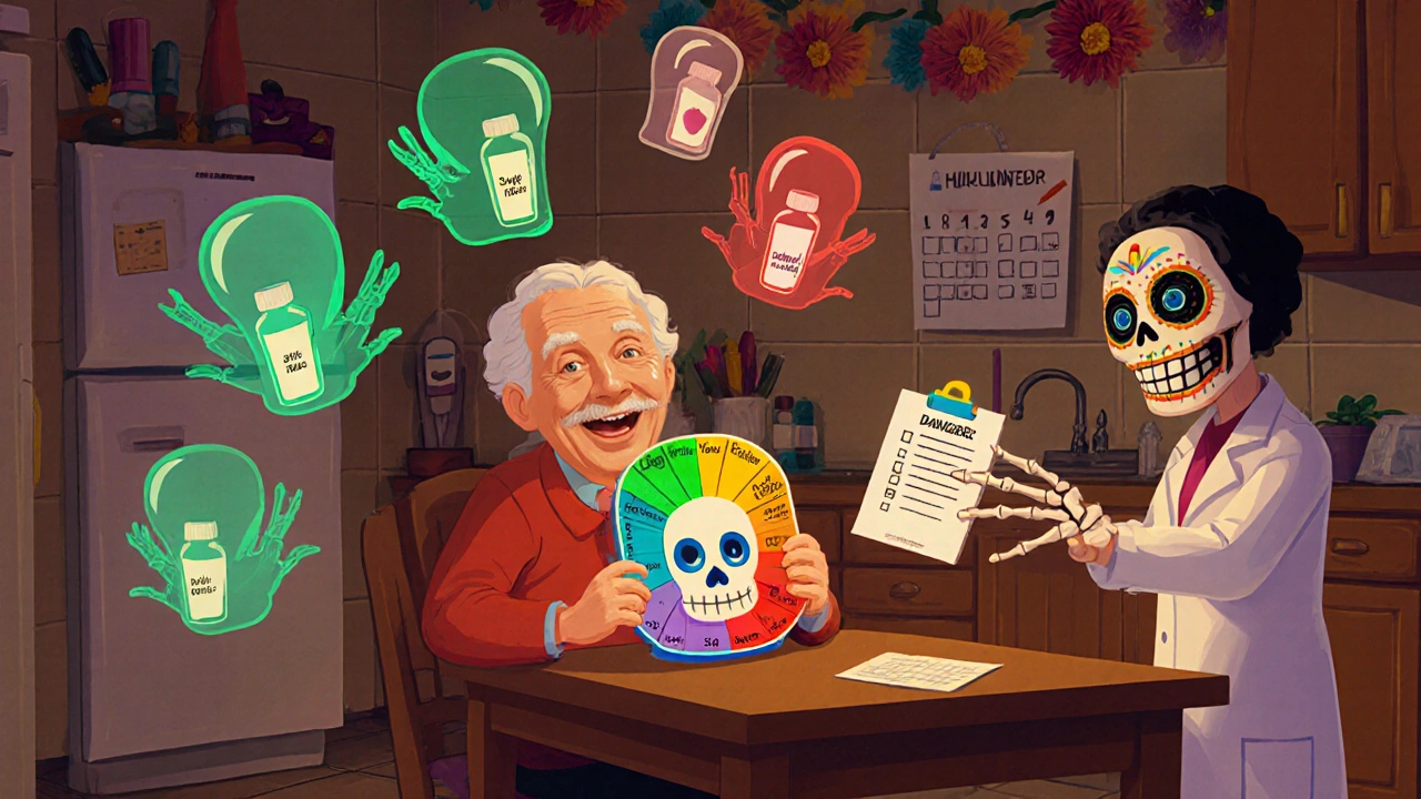An elderly person at a kitchen table with a skull-shaped pill organizer, haunted by floating medication ghosts, guided by a pharmacist in a skull mask.