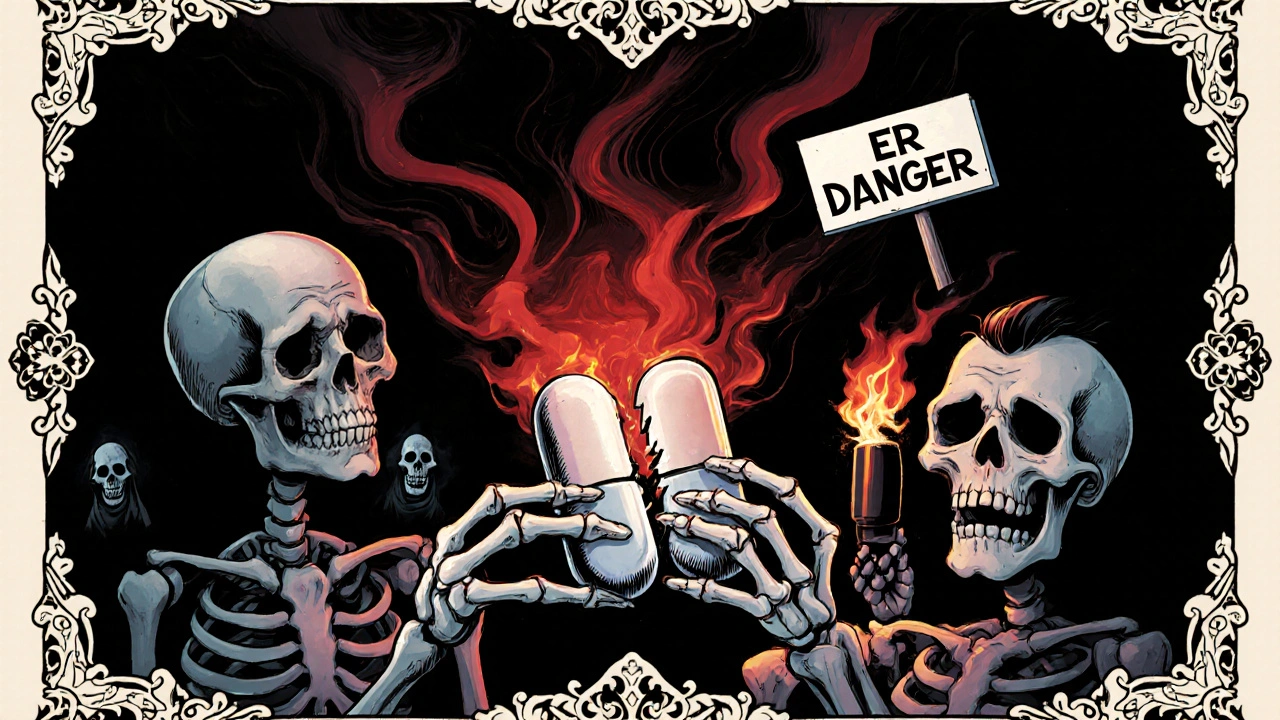 An elderly skeleton breaks an extended-release pill, with ghostly warning spirits rising from the broken tablet.