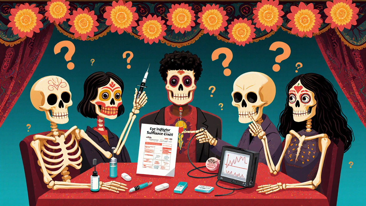 Diverse skeletons at a table with medication options, one holding an eye chart under marigold lights.