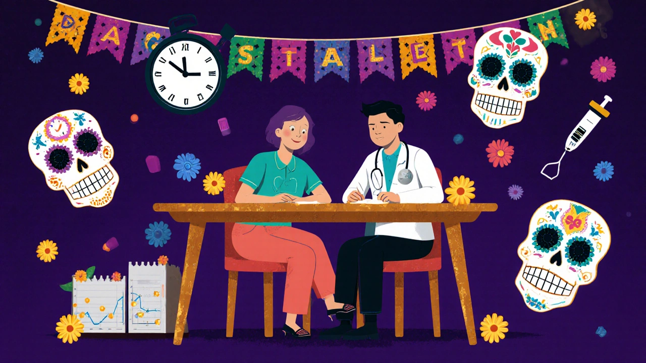Doctor and patient at a table with medical data as sugar skulls and marigold clock