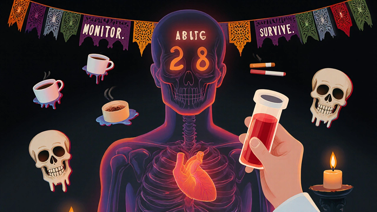 Doctor holding a blood vial with toxic theophylline level, patient&#039;s skeleton glowing red, surrounded by interacting substances in Day of the Dead style.