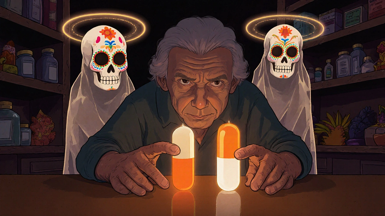 Elderly person staring at two differently colored pills, with ghostly versions of the same medication floating behind them.
