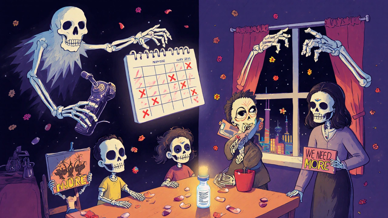 Family at table with one pill, floating insulin vial, calendar with missed treatments, and ghostly factory hands reaching through window.