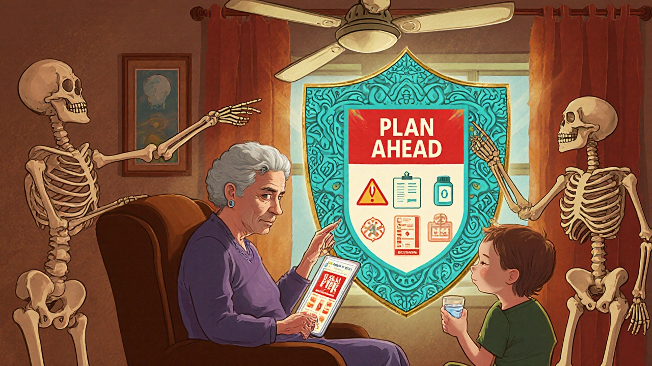 Grandmother and child reviewing heat risk alert on tablet, protected by a warning shield.