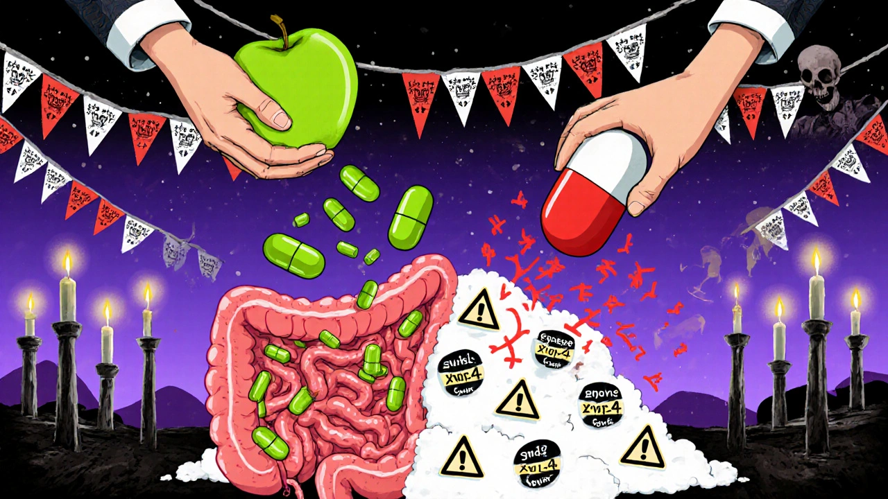 Hands holding apple and capsule above split gut: one side calm, the other chaotic with blocked enzymes and rising pills.