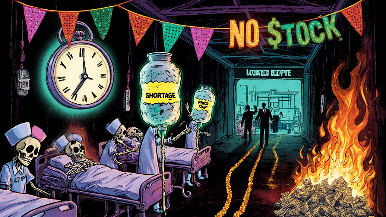 Hospital corridor with nurses carrying crumbling IV bags, skeletal patients, a syringe clock, and burning factory blueprints.