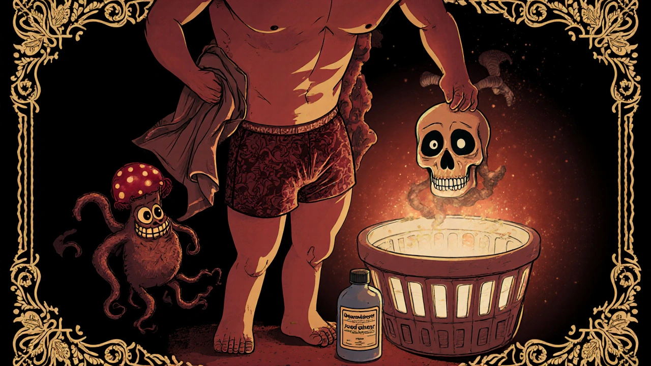 Man drying groin as fungal monster flees from antifungal powder in skull-themed scene