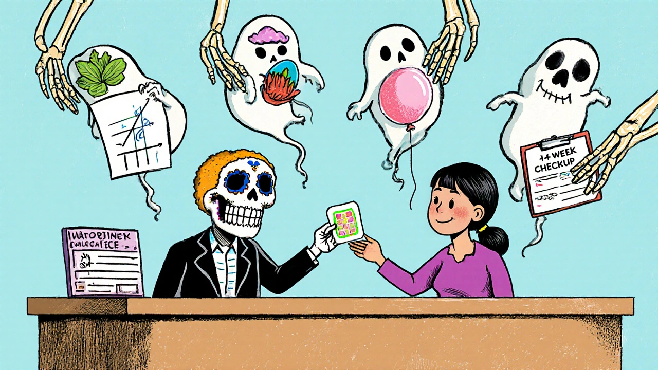 Pharmacist giving hormone patch to patient while ghostly herbs and drugs float above in Day of the Dead style.