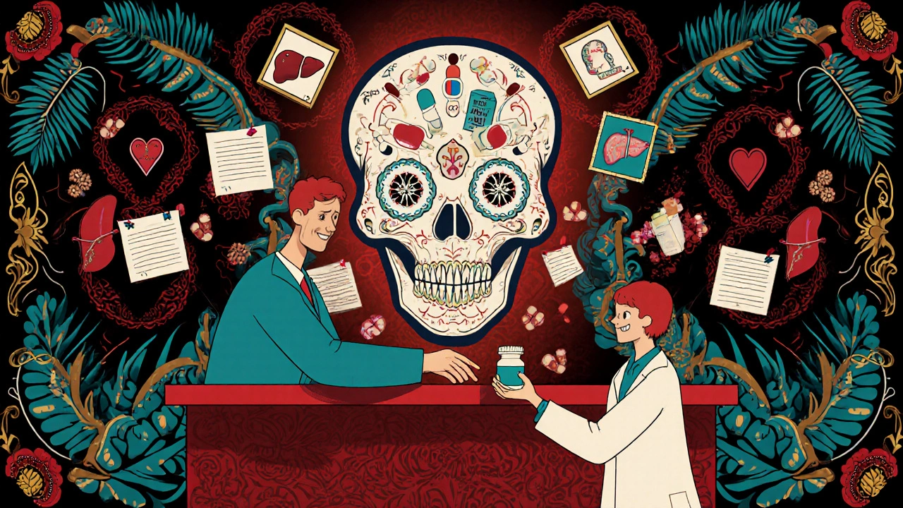 Pharmacist handing a pill bottle while a skull-shaped pill identifier glows behind them, surrounded by floating medical icons.