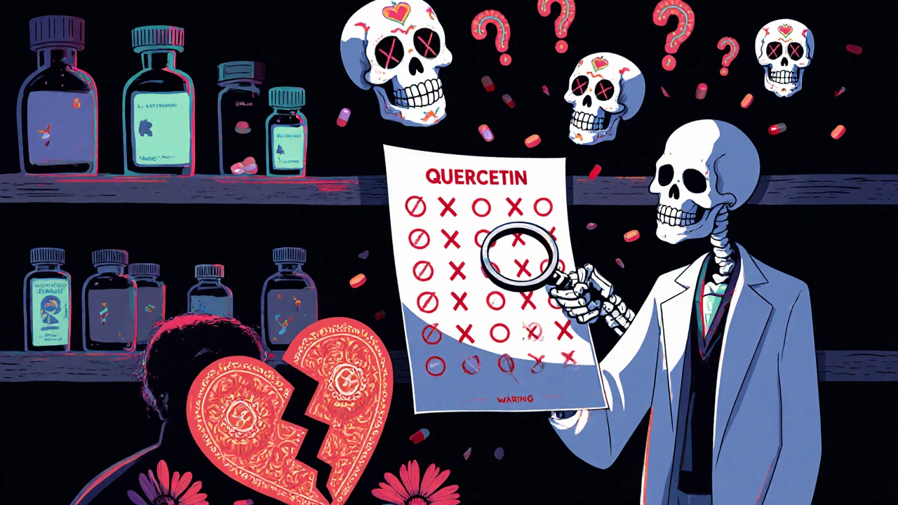 Pharmacy shelf with glowing quercetin bottles, skeletal pharmacist checking chart, sugar skull question marks, marigold petals falling.