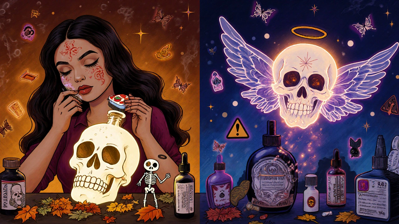 Split scene of topical and oral acne treatments depicted as skeletal, ritualistic symbols on an altar of skincare.