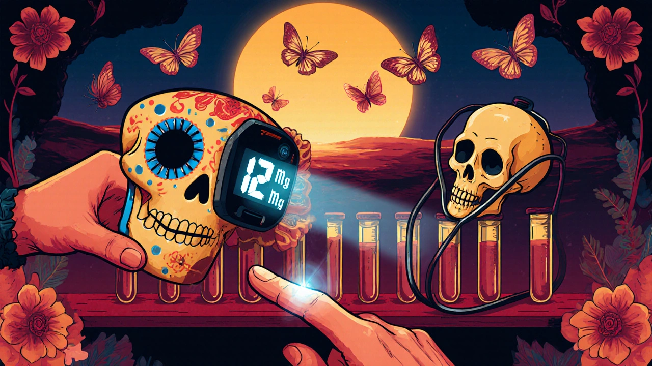 Sugar skull device measuring theophylline level, floating digital readout, blood test tubes becoming butterflies under sunrise in Day of the Dead style.