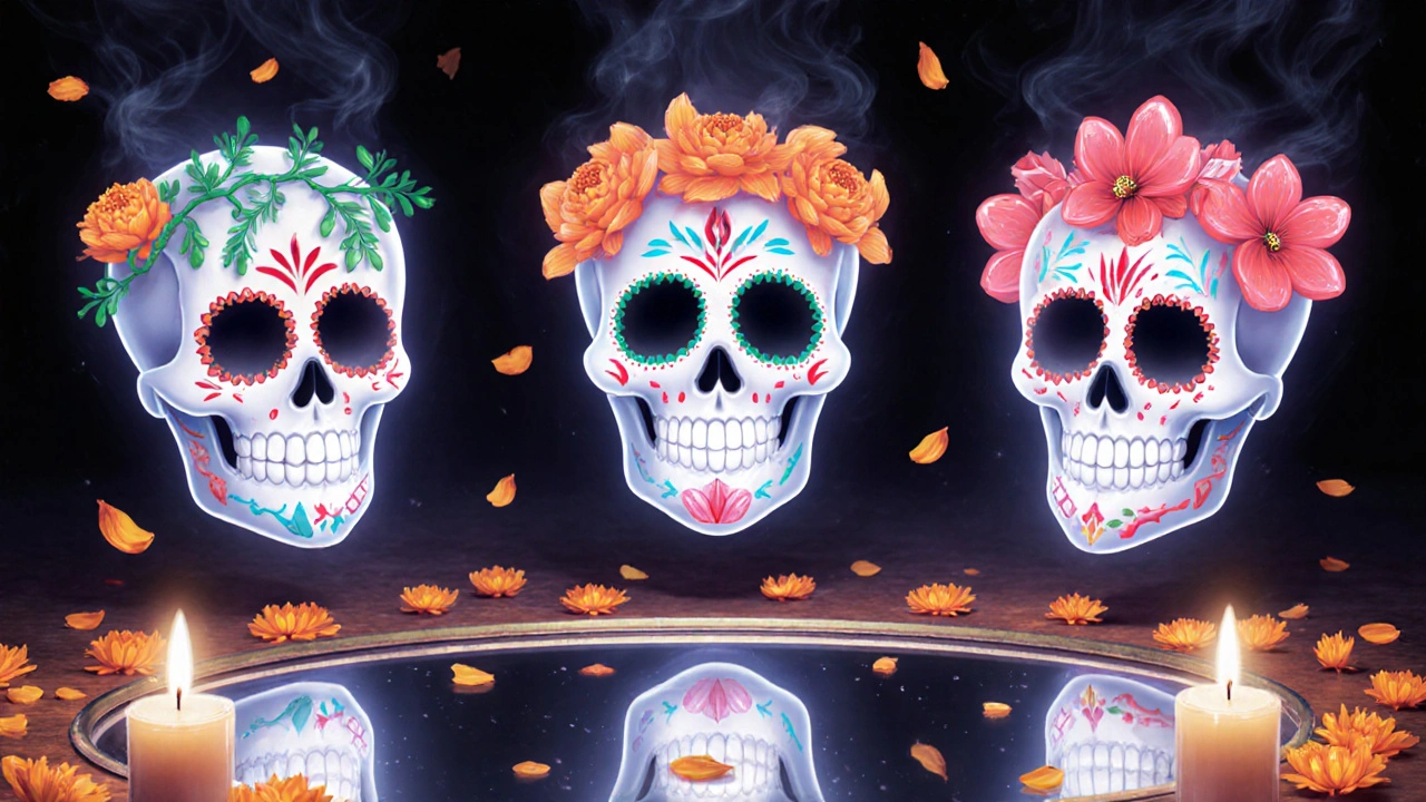 Three decorated skull masks representing topical rosacea treatments, floating above a mirror with candlelight and marigold petals.
